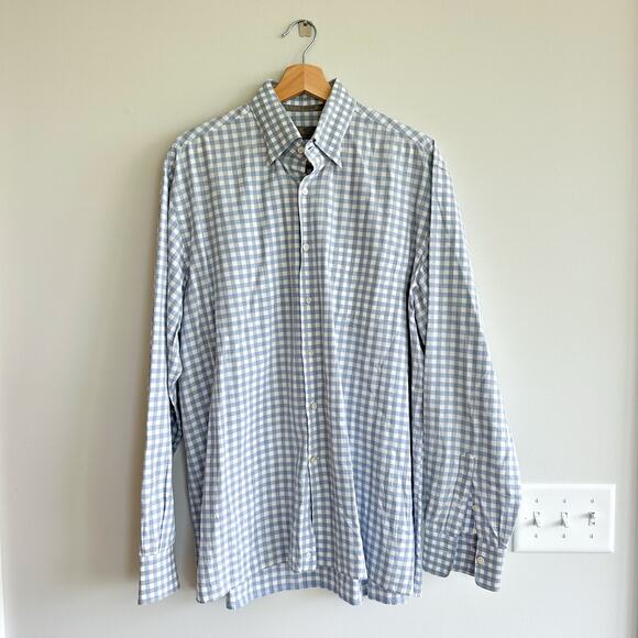 Canali Gingham Print Collared Long Sleeve Button Up Shirt Blue XL - Picture 1 of 8